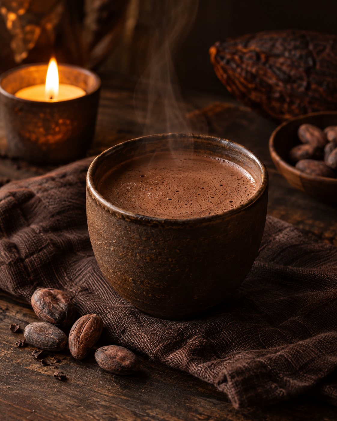 Une tasse de cacao cérémonial dans la lumière douce d’une bougie